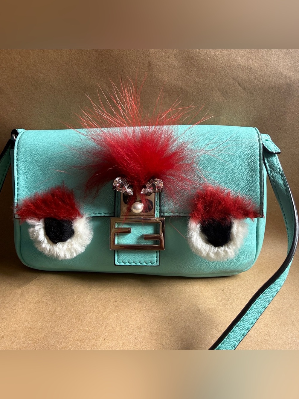 Fendi Monster Micro Baguette in Teal Blue and Red Fur Crossbody Bag